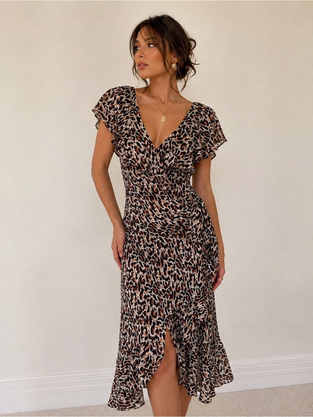 Y2K Sheri Martin Leopard Print Ruffle Wrap Midi Dress Size 12